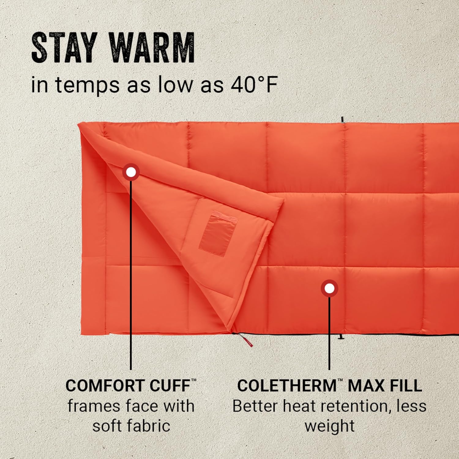 Coleman Kompact Cool-Weather Sleeping Bag, 20°F/30°F/40°F Adult Sleeping Bag with Heat Retention, Stuff Sack, & Snag-Free Zipper